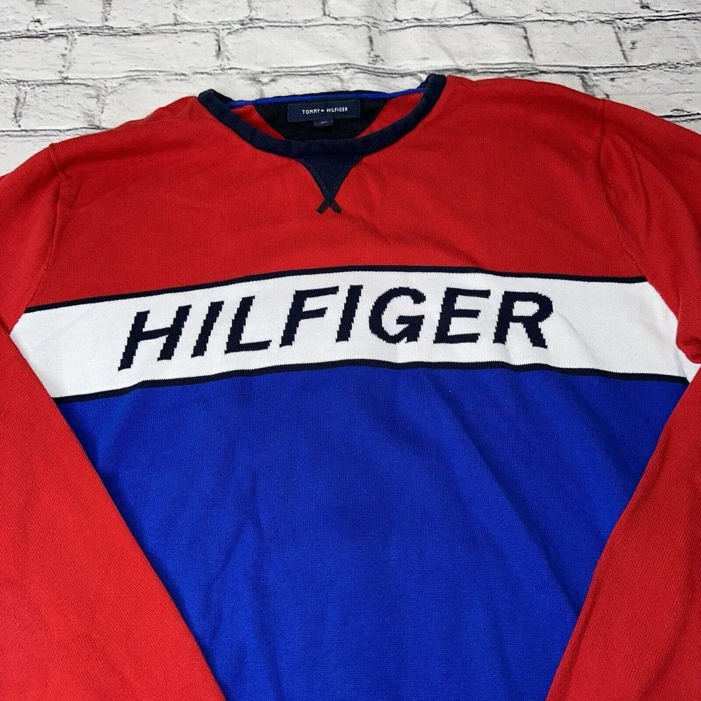 TOMMY HILFIGER - Red/White/Blue Digital Spell Out High Quality Sweater Mens XXL